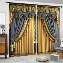 2pcs Black And Gold Palace Style Curtain With Canopy Pattern, Luxury Vintage Decor, Digital Printing Technology, Intricate Floral Design With Delicate Accents. Made Of Polyester, Suitable For Living Room To Showcase Nobility, Bedroom To Create Opulent Ambience, Also Applicable For Study, Hotel, Restaurant And Other Spaces To Elevate Interior