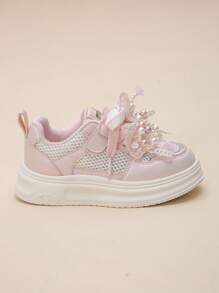 Girls' Spring Athletic Lace-Up Sneakers, Bowknot Rhinestone Decor, Kids Casual Running Shoes