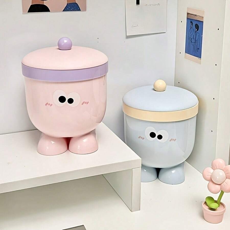 1pc Cute Cartoon Desktop Trash Can With Lid Odor Sealing Open-Top For Home Office Student Dormitory Storage Bin - Multicolor - View 1