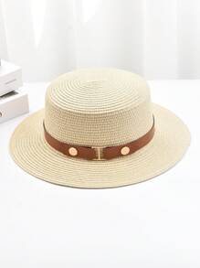 1pc Retro British Style Flat Top Straw Hat, Outdoor Sun Protection Beach Hat