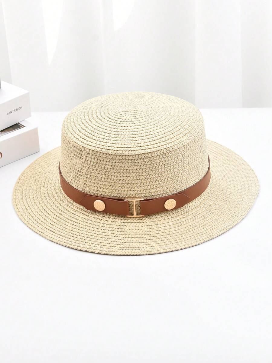 1pc Retro British Style Flat Top Straw Hat, Outdoor Sun Protection Beach Hat