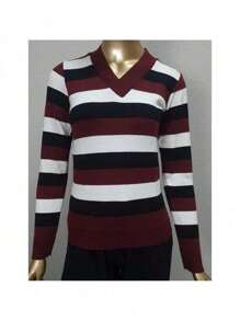 Women's Cold Weather Blouse | Women's Striped Long Sleeve Blouse | Striped V-Neck Blouse | Stripes - 紅木色 - 查看 5