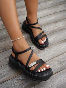 Women's Thick Sole Platform Sandals, Black Beach Sandals, Casual & Versatile Roman Slip-On, Summer