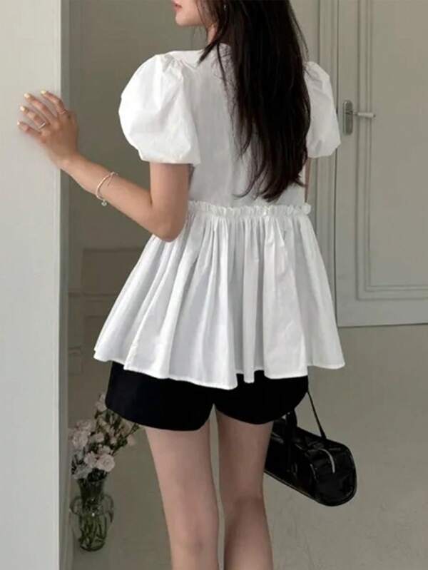Women's Casual Elegant French Romantic Solid Color V-Neck Bowknot Ruffle Puff Sleeve Blouse For Spring And Summer