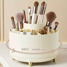 1 pièce Boîte de rangement pour maquillage rotative à 360 degrés - 1 boîte de rangement pour cosmétiques en plastique avec 5 compartiments - Boîte de rangement multifonction pour pinceaux, rouge à lèvres, soins de la peau et articles de papeterie - Organisateur de bureau de luxe rayé sans odeur Décor de salle de bain d'été Organisateur de maquillage Retour à l'école