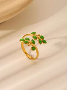 1 件 18K 镀金不锈钢珐琅叶开口戒指，适合女性日常和节日佩戴 - 葉子 - 查看 2