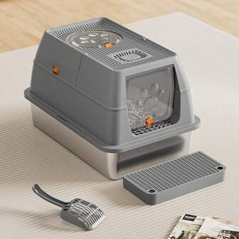 Stainless Steel Cat Litter Box With Lid, 180° Flip-Top XL Extra Large Enclosed Litter Box, Covered Metal High Sided Litter Pan With Steps & Scoop, Easy Cleaning, Odor Control,Non-Sticky