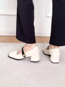 Xin Jing Shoes New Fashion Women's Chunky Heel Pumps With Color Block Design, Elegant, Mary Jane - Beige - View 9
