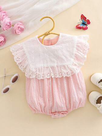 1pc Baby Girl Checkered All-Over Print Collar Flounce Bodysuit, Short Sleeve Casual Minimalist Bodysuit For Summer