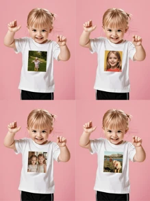 Custom Personalized Kids Graphic Tee Short Sleeve Round Neck T-Shirt For Girls Custom Photo Text Summer Top Birthday Gift - White - View 3
