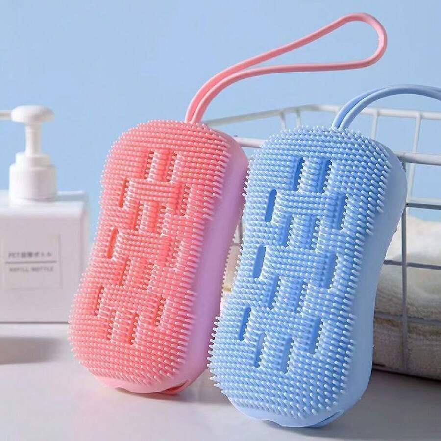 1 件装带绳硅胶沐浴刷，按摩设计，非研磨性，柔软双面擦洗海绵 - 藍白色 - 查看 1