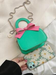 1 Pc New Style Small Capacity Bow-Decorated Pu Material Handbag For Girls, Fashionable And Unique Beaded Strap For Crossbody Or Hand Carry, Magnetic Button Closure, Perfect For Outings, Shopping, Parties, Dinners, And As A Gift For Friends - A - View 5