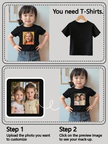 Camisetas gráficas personalizadas para niñas, agrega tus propias fotos de familia/mascotas/selfies/amigos, camiseta con impresión de foto personalizada, uniformes de equipo/exterior/clase, top negro de manga corta y cuello redondo para niñas, regalos personalizados para fiestas, cumpleaños, aniversarios, camisas culturales, recuerdos de fiesta, ropa de primavera y verano - Negro - Ver 4