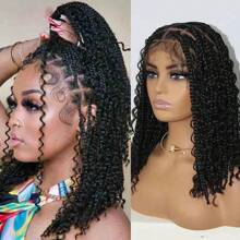 Bohemian Curly Woven Full Lace Front Hairpiece Braided Wig Bob Style Braids Goddess Cornrows Synthetic Wig - Black - View 1
