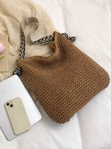 Minimalist Large Capacity Magnetic Closure Design Straw Tote Shoulder Bag, Versatile For Daily Outings, Beach, Vacation