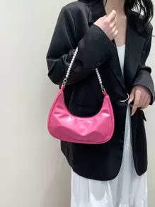 Bolso de hombro con cadena de perlas en forma de media luna con estilo, bolso baguette de hombro con estilo, bolso pequeño de mano, bolso casual para exteriores, bolso versátil para transporte