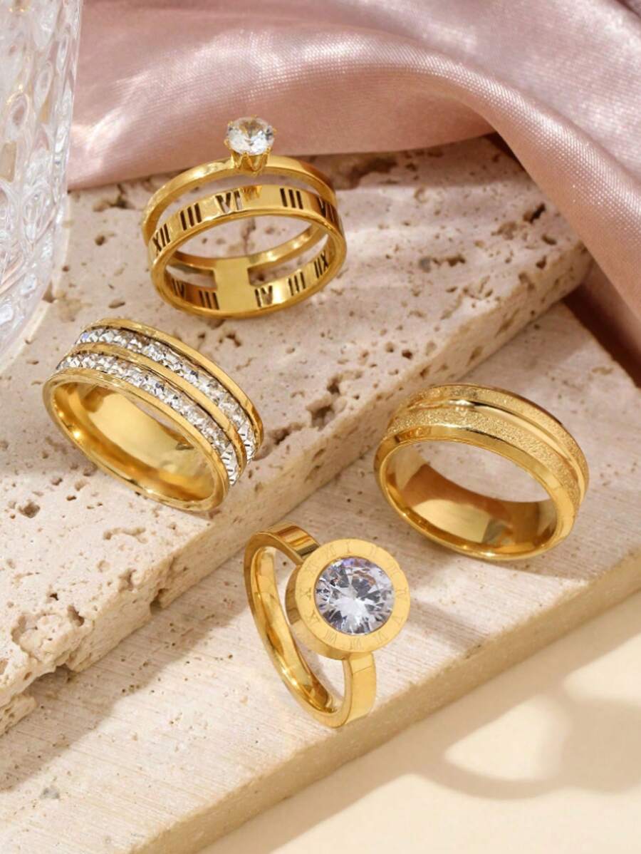 4/5 Pieces Fashionable And Exquisite Stainless Steel Ring 18k Gold Plated With Diamonds Round Square Ring Suitable For Women'S Daily Wear Dating Play Wedding Engagement Holiday Gift Jewellery