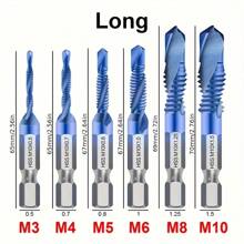 6 件装镀钛六角柄 HSS 螺纹公制丝锥钻头螺丝机用复合材料 M3 M4 M5 M6 M8 M10 手动工具 - 藍色 - 查看 2