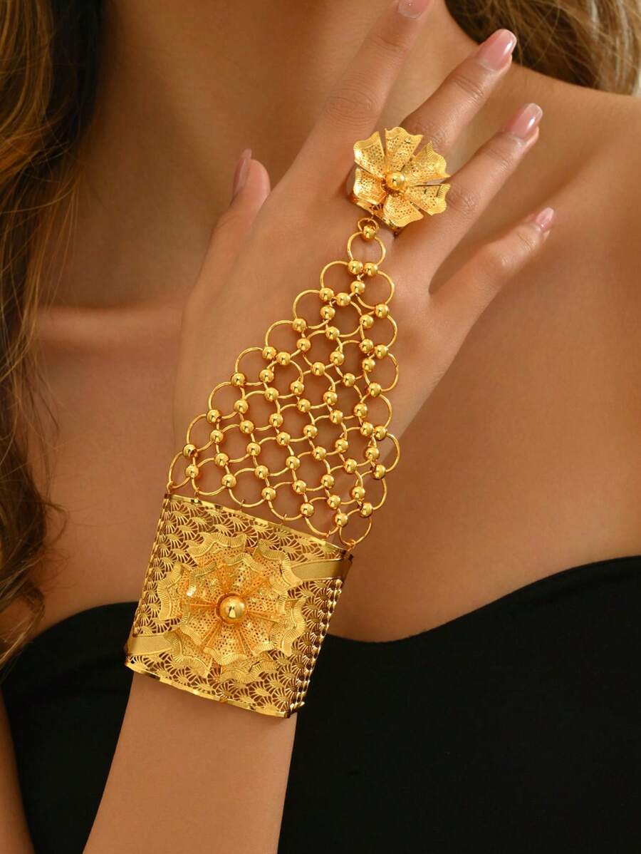 1pc Elegant Floral Hollow Design Adjustable Wide Bracelet, Fashion Accessory Suitable For Parties And Holidays - Yellow Gold - View 1