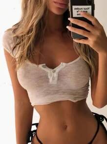 Woman Y2k Sexy Sheer Crop Tops Solid Color Button Up Short Sleeve Low-Cut Slim Fit T Shirts Midriff-Baring Pullover See Through Tees Going Out Shirts Blouses Beach Clubwear - trắng - Xem 4