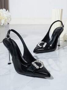 Women's Pointed Toe High Heel Pumps, Black Patent Leather With Gold Rhinestone Decoration, Slingback Stylish Formal Shoes For Social Occasions