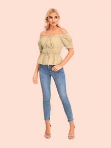 Blusa top lazo frontal lace up con manga corta abombada y bordado. - Beis - Ver 8