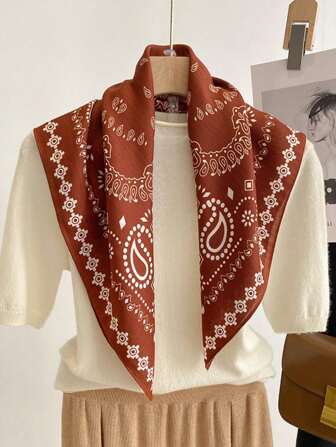 1 pieza Pañuelo cuadrado de lino con estampado de flores de cachemir versátil y de moda de 70 cm, pañuelo ligero para el cuello para mujer para vestir