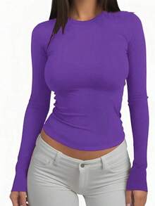 大码女式纯色性感长袖修身上衣 T 恤