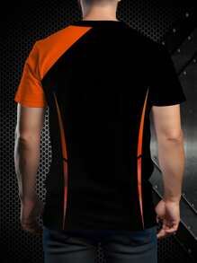 Black Background With Bright Orange Striped Short Sleeve Tee, Unique Lightning Bolt Graphic Street Style Stylish Short Sleeve T-Shirt - Black - View 4