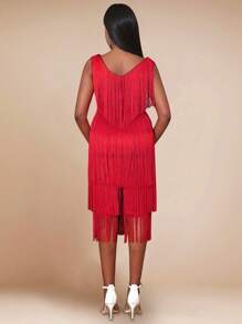 AOMEI 女士性感V领无袖流苏红色中长连衣裙，完美适用于婚礼、婚礼宾客、新娘送礼会、单身派对、度假、生日、毕业典礼、晚宴、返校节和新年除夕春季优雅派对。 - 紅色 - 查看 3