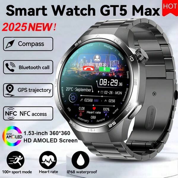 GUHUAVMI GUHUAVMI 2025 neue Herren Sport Fitness Smartwatch GT5 Pro, 1,53'' HD Display, Bluetooth Anruf, SOS, NFC-Zugriff, Kompass, Höhenmesser, Multi-Sport Modi Smartwatch, Herzfrequenz, Schlafüberwachung Smartwatch für Damen, Smartwatch GT4 Upgrade Version, für Android iOS