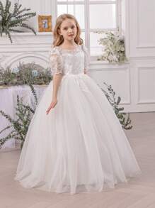 少女白色蕾丝边深V露背网纱毕业优雅公主裙，适合女孩穿着，可用于生日派对、婚礼、花童、伴娘、特殊场合和庆典、毕业典礼等。 - 白色 - 查看 10