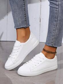 Plus Size Women White Athletic Sneakers, Fashion White Outdoor Sports Shoes, Comfortable Flat Lace-Up Casual Shoes With Rhombus Pattern Design (Size Runs Small, Suggest Ordering One Size Up) - White - View 3