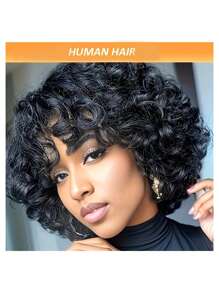 8-calowa krótka peruka Bob Curly z grzywką, peruka z ludzkich włosów Pixie Cut, sprężyste , do noszenia przez kobiety, brazylijskie włosy, bez koronki, peruka z przodu wykonana maszynowo, 8 cali