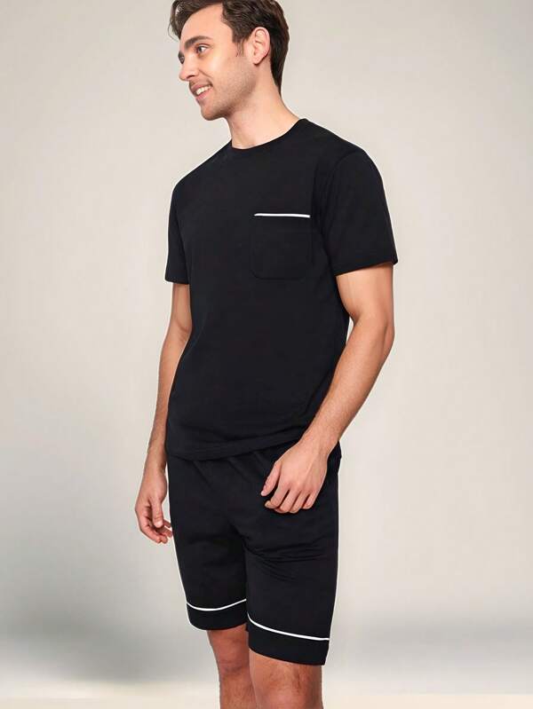 Men's Summer Pajamas 2 Pieces Set, Solid Color Round Neck Loungewear