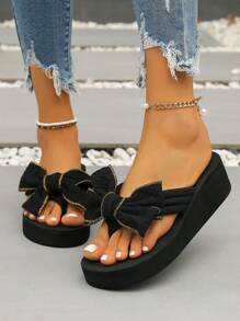 女士蝴蝶结装饰人字拖，高跟凉鞋，时尚户外，防滑厚底，沙滩，夏季度假 - 黑色 - 查看 4