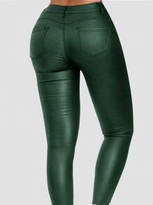 Apperloth A Plus Size High Waist PU Leather Leggings With Thermal Lined, Stretchy - 墨綠色 - 查看 2