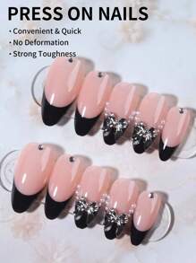 24片杏仁形3D蝴蝶结装饰，珍珠和水钻设计，黑色法式亚克力按压式美甲贴片，短款完美贴合，美甲套装包含：1片果冻凝胶和1个指甲锉，法式美甲，适合女性和女孩日常佩戴和派对，美甲用品。