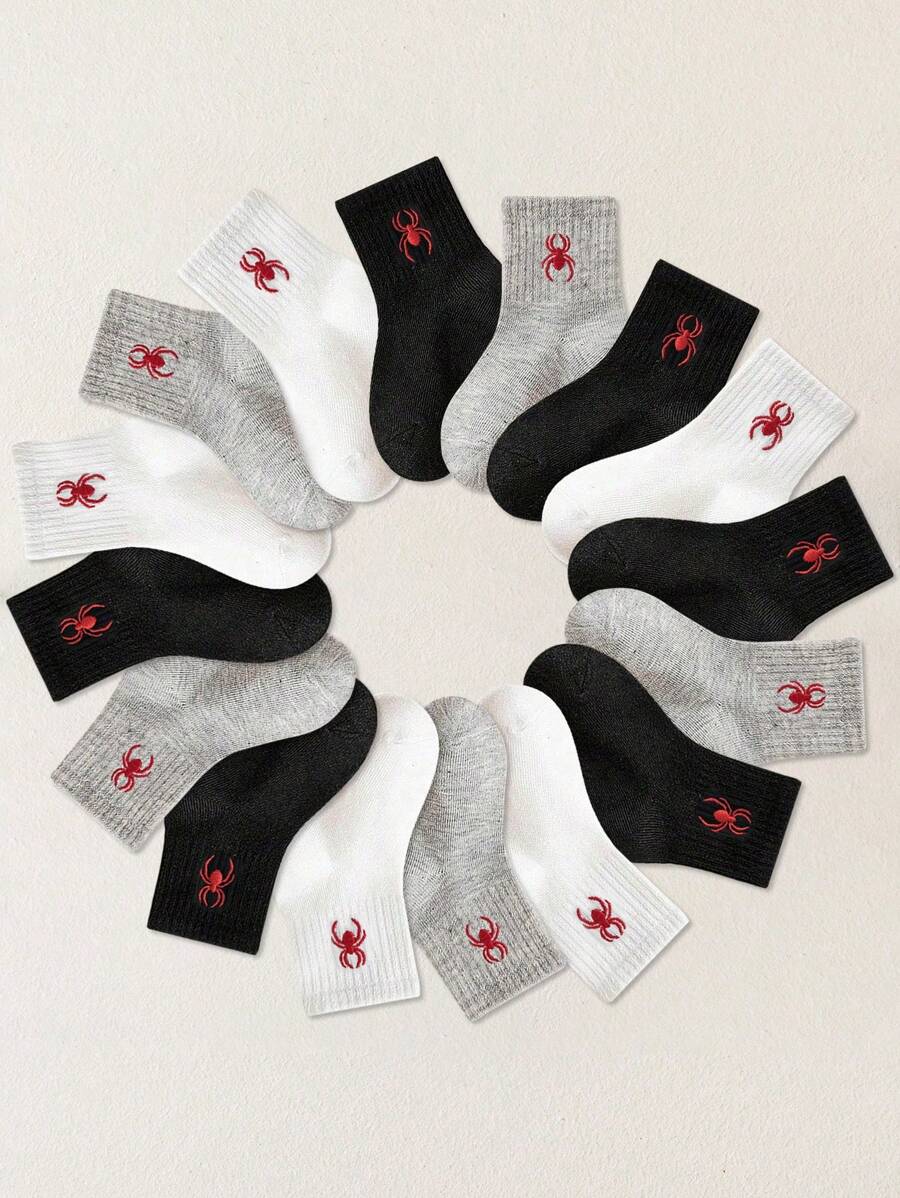 4 Pairs Random Mixed Solid Color Kids Socks, Versatile Crew Socks For Boys, Girls, Teens, Spider Pattern, Suitable For Casual Daily Wear