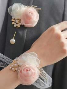 2 件花卉印花波西米亚涤纶胸花腕花套装，适合所有季节，新娘腕花和新郎胸花，适合婚礼 - 彩色 - 查看 6