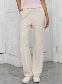 Relaxed Daily Wear Loose Pocket Elastic Waist Textured Stretch Straight Leg Vacation Pants - Apricot - View 8