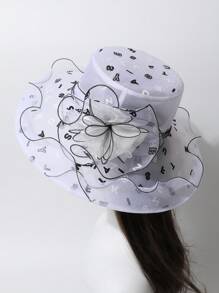 1 件女士时尚字母印花太阳帽，双色花朵防晒帽，透气夏季遮阳帽，可折叠欧根纱拼接宽边沙滩帽，百搭渔夫帽，适合春夏季、旅行和度假 - A - 查看 10