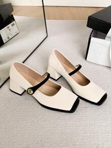 Xin Jing Shoes New Fashion Women's Chunky Heel Pumps With Color Block Design, Elegant, Mary Jane - Beige - View 3