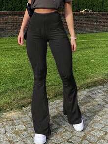 Plus Size Women Striped High Waist Casual Flare Pants - Black - View 5