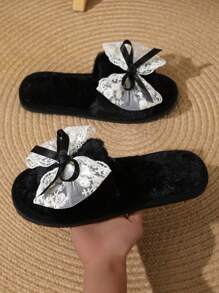 Women's Lace Bow Casual House Slippers, Comfortable Indoor Warm Anti-Slip Couple Slippers, Suitable For Autumn/Winter