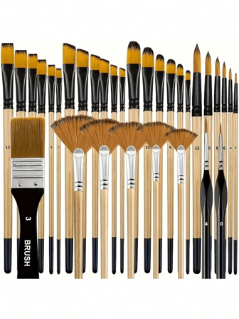Set de 32 piezas de pinceles de pelo de nailon - Redondos, de paleta, planos, en abanico, angulares y de detalle, aptos para pintura acrílica, óleo y acuarela - Ideal para artistas y principiantes