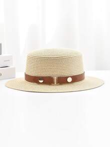 1pc Retro British Style Flat Top Straw Hat, Outdoor Sun Protection Beach Hat