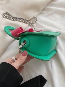 1 Pc New Style Small Capacity Bow-Decorated Pu Material Handbag For Girls, Fashionable And Unique Beaded Strap For Crossbody Or Hand Carry, Magnetic Button Closure, Perfect For Outings, Shopping, Parties, Dinners, And As A Gift For Friends - A - View 9