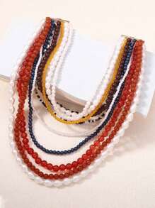 1pc Bohemian Multi-Layer Beaded Exaggerated Faux Pearl Women Necklace