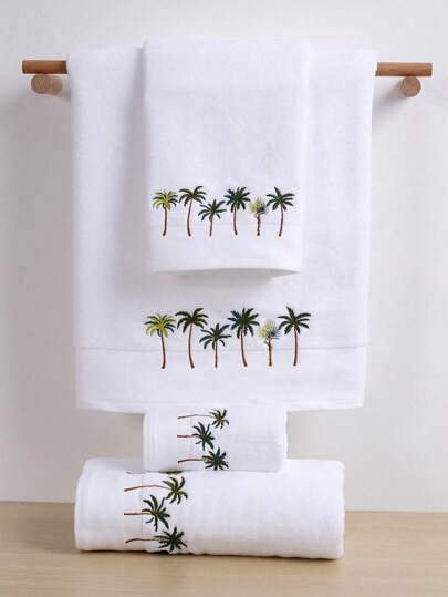 QIBHI 3条装（小号）优质纯棉毛圈刺绣浴巾/手巾，吸水性强，适用于家庭、浴室、酒店、健身房、旅行、礼品、沙龙、运动、户外、海滩、学校、返校季、旅行配件、家居用品、毛巾、护肤 - 椰树、向日葵田乡村风格